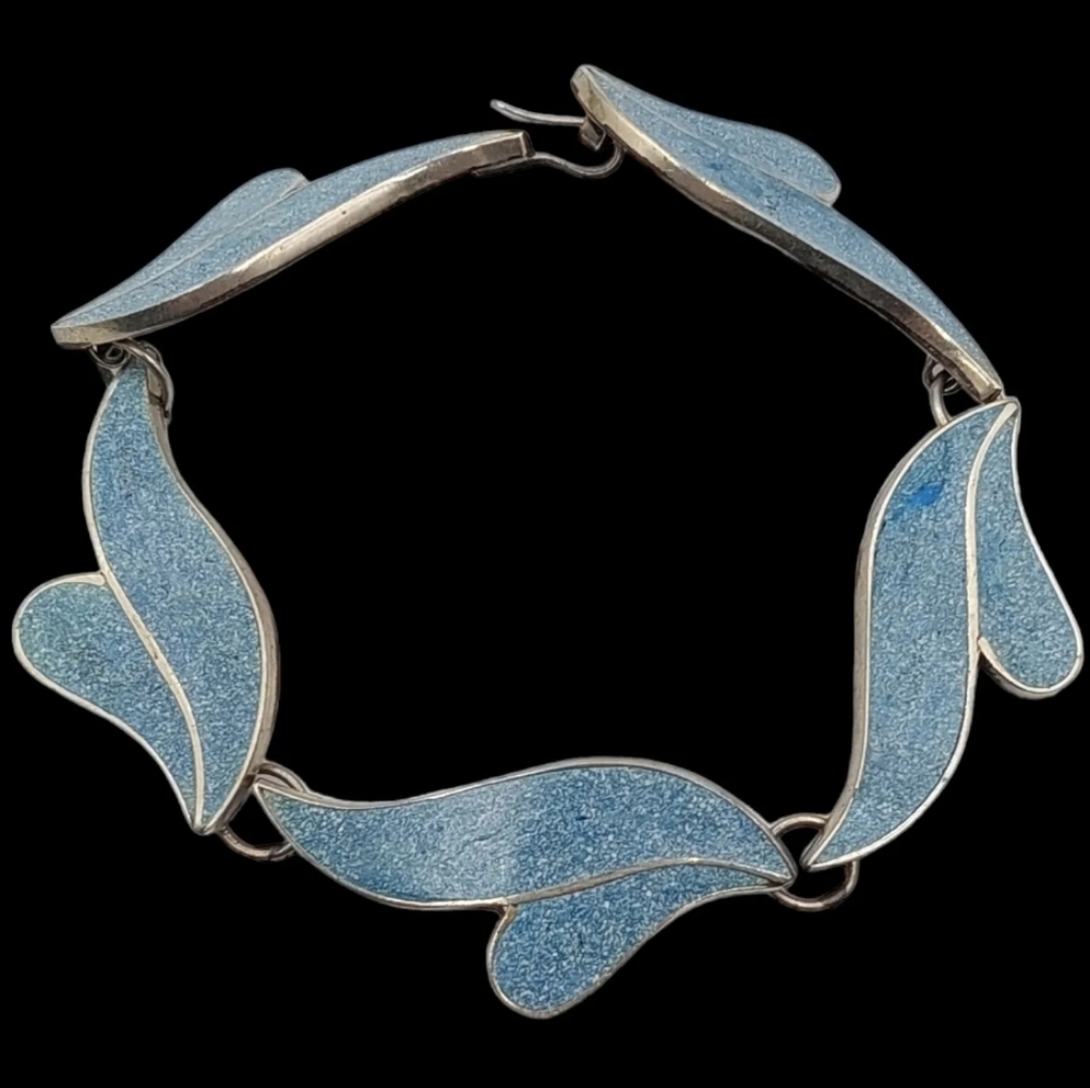 Vintage Taxco ER Sterling Crushed Denim Lapis Panel Link Bracelet 7.75"